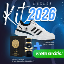 KIT CASUAL 2026 - Tênis Forum Low 84 ADV - Branco Preto + Perfume Árabe ASAD