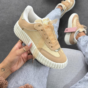 Tênis Casual Quenz  Miu Miu - Dakar Palha/ Amêndoa / Ouro